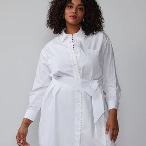 NWOT 4X NY&CO Plus Pearl Trim White Shirt Dress
